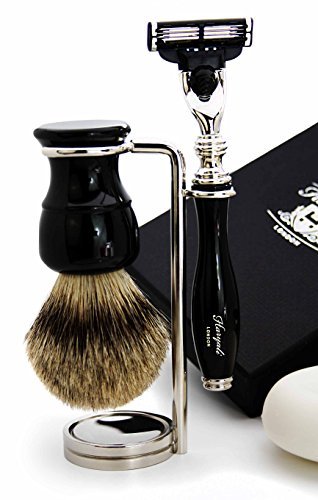 Haryali London Mens Shaving Kit 3 Edge Razor with Silver Tip Badger Hair Shaving Brush, Stand, Soap and Bowl Perfect Set for Men