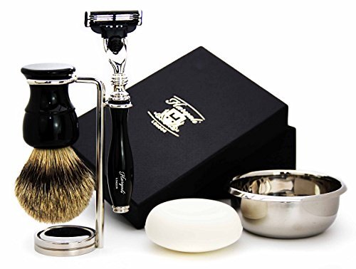 Haryali London Mens Shaving Kit 3 Edge Razor with Silver Tip Badger Hair Shaving Brush, Stand, Soap and Bowl Perfect Set for Men