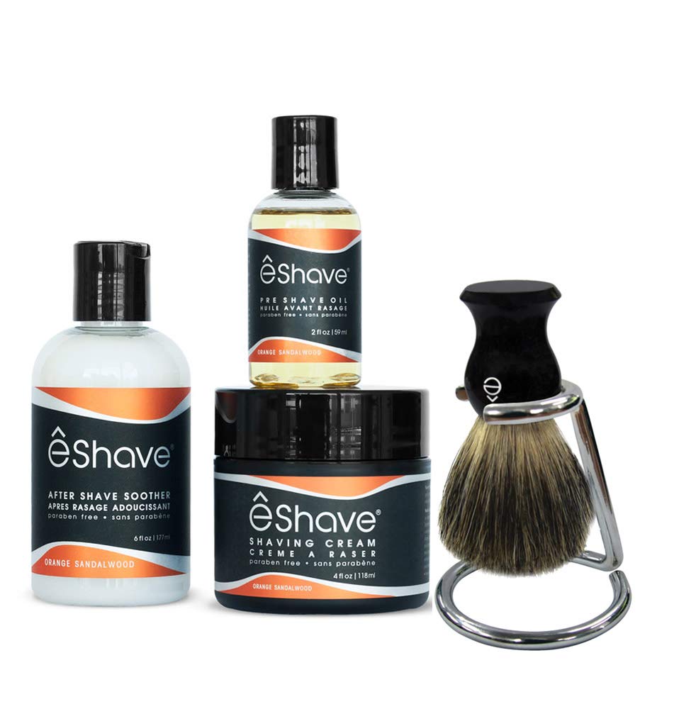 eShave Premium Men Shaving Kit with Brush & Stand & Orange Sandalwood Trio
