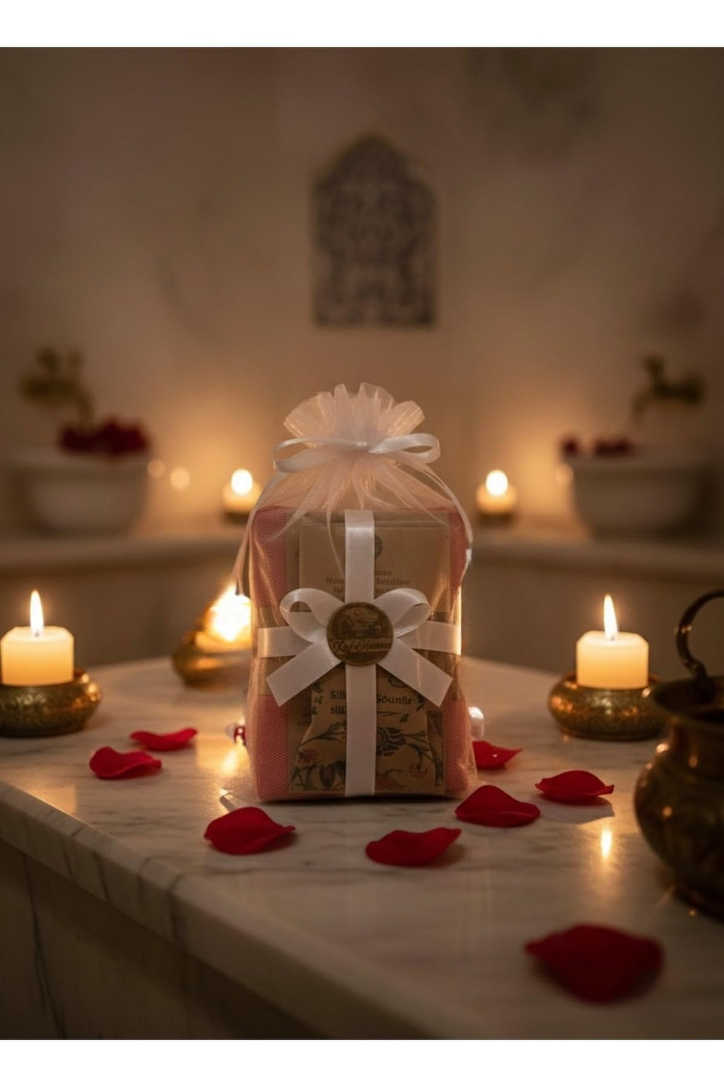 Bridal Turkish Bath Set Peshtemal 100x175cm, Pumice Stone, Silk Kese, Soap - 10pc Personalized Gift Package - Red