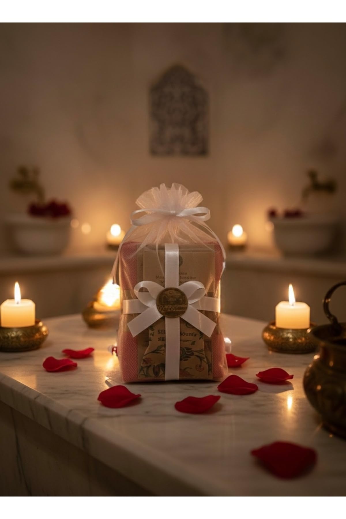 Bridal Turkish Bath Set Peshtemal 100x175cm, Pumice Stone, Silk Kese, Soap - 10pc Personalized Gift Package - Red