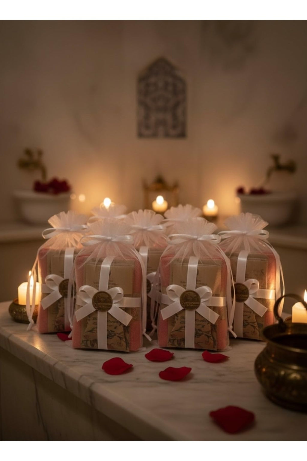 Bridal Turkish Bath Set Peshtemal 100x175cm, Pumice Stone, Silk Kese, Soap - 10pc Personalized Gift Package - Red