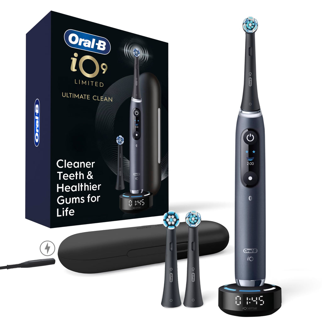 Oral-B iO Series 9 Limited Rechargeable Black Electric Toothbrush with (2) Ultimate Clean and (1) Gentle Care Replacement Brush Heads,Travel Case and Charger