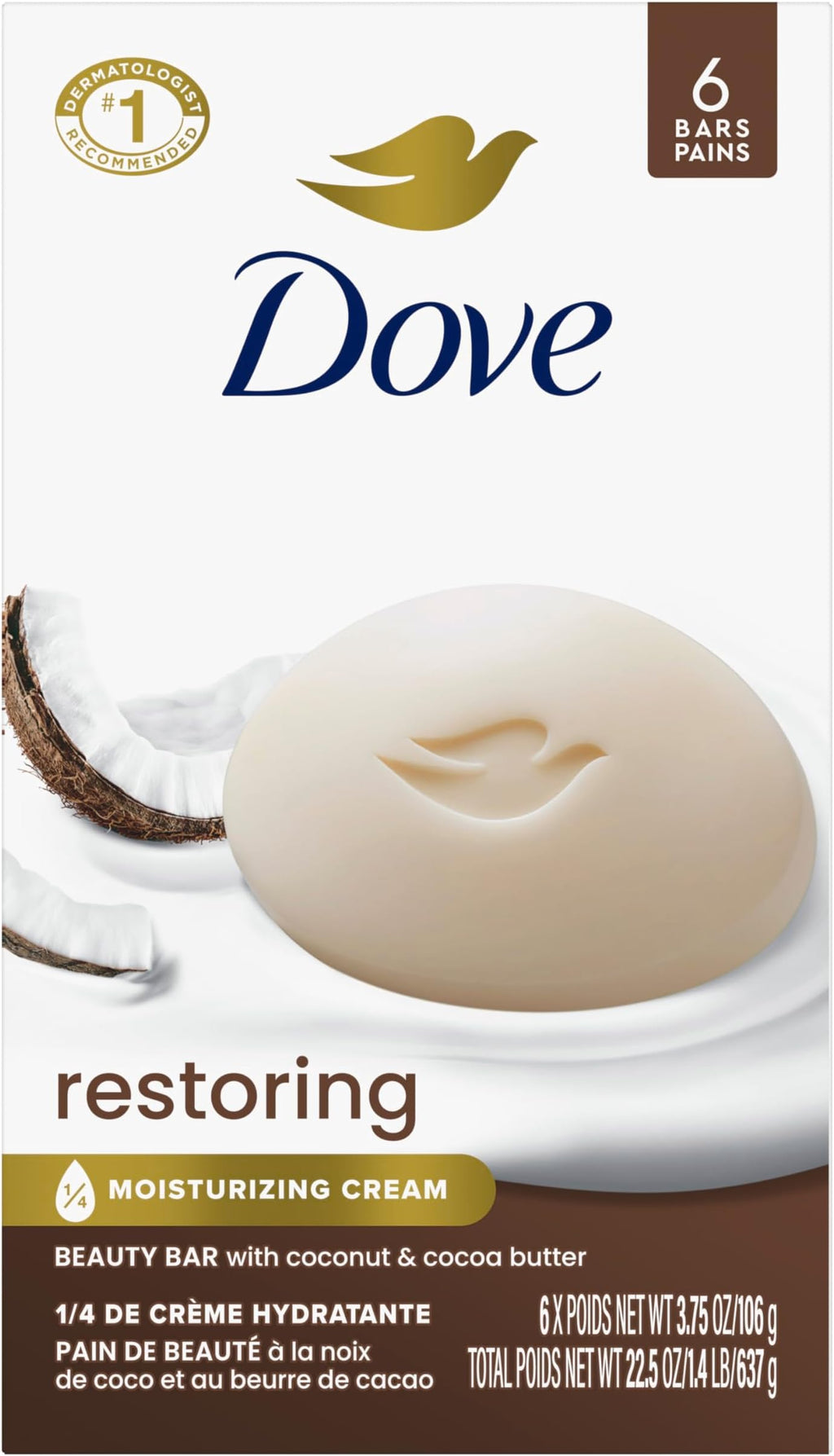Dove Beauty Bar Soap Restoring Coconut & Cocoa Butter, 3.75 Ounce (Pack of 72)