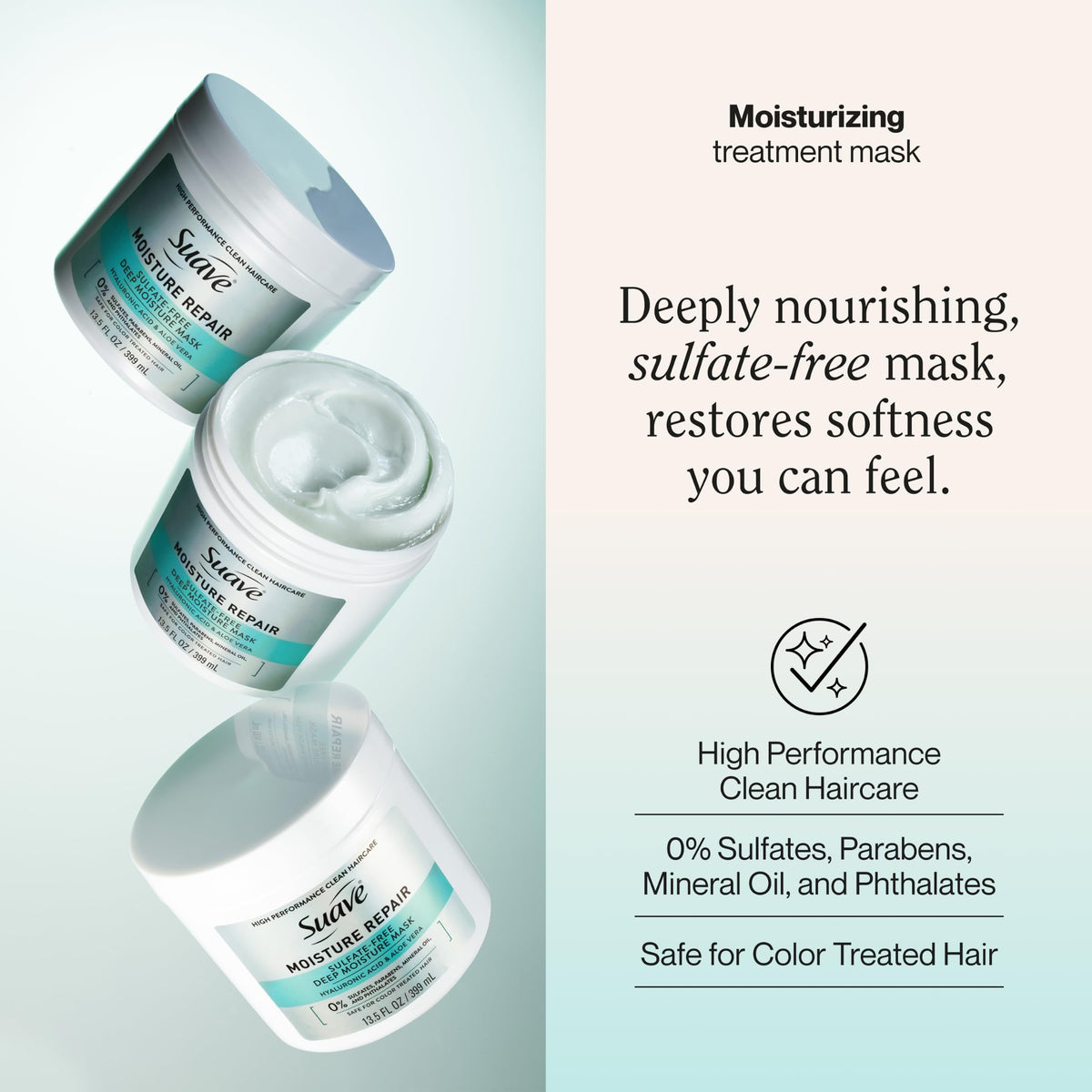 Suave Moisture Repair Deep Hair Mask, Hyaluronic Acid, 13.5 fl oz, 4-Pack