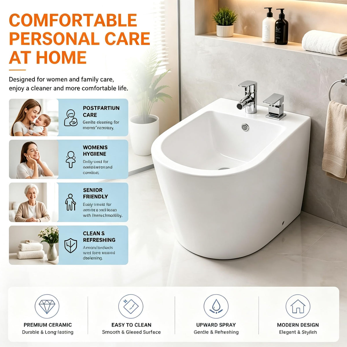 Ceramic Bidet Basin with Upward Spray & Accessories