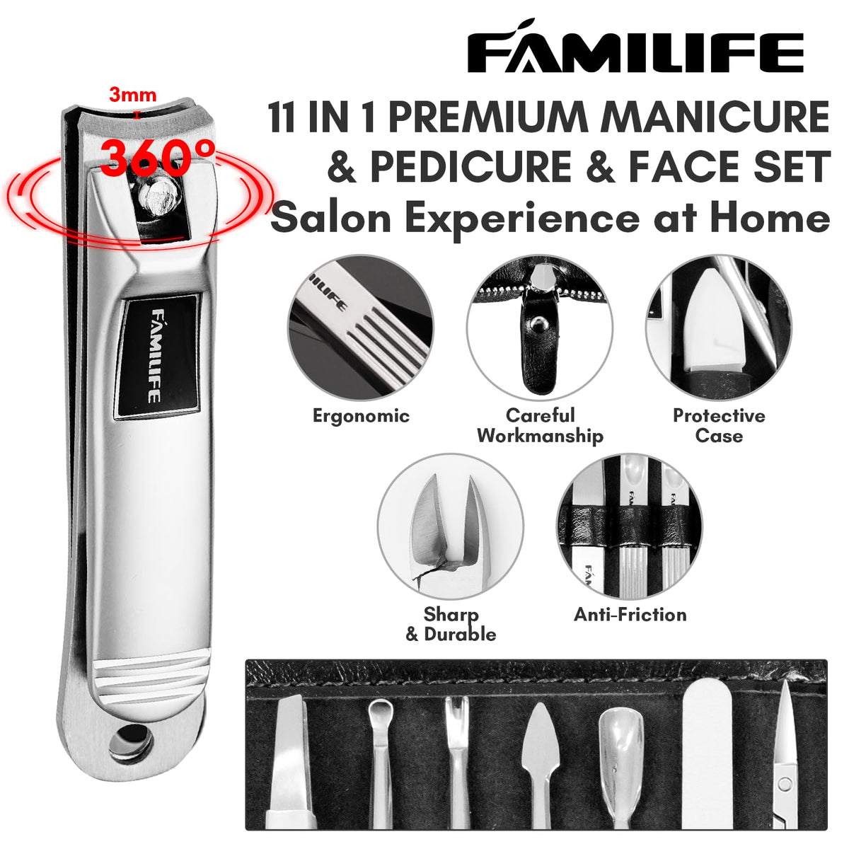 FAMILIFE Manicure Set 11 in 1 Stainless Steel Manicure Kit with Case