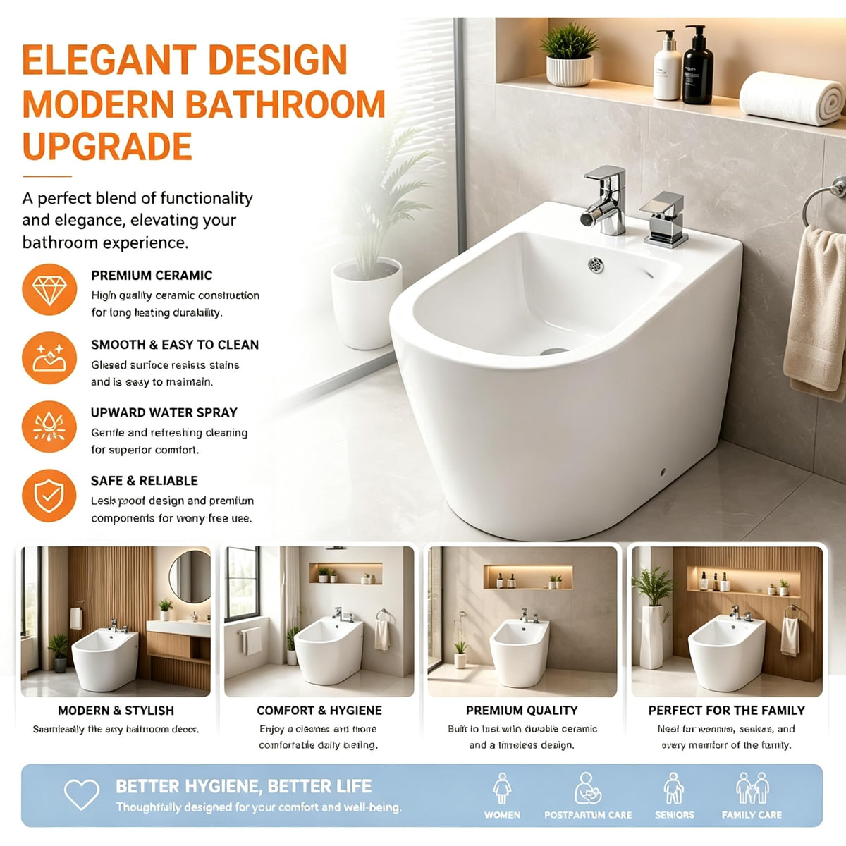 Ceramic Bidet Basin with Upward Spray & Accessories