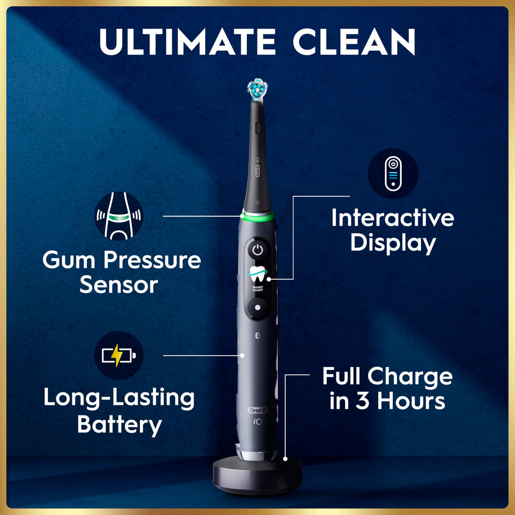 Oral-B iO Series 9 Limited Rechargeable Black Electric Toothbrush with (2) Ultimate Clean and (1) Gentle Care Replacement Brush Heads,Travel Case and Charger