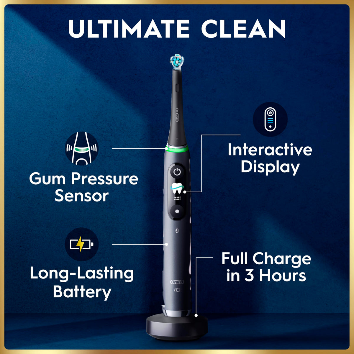 Oral-B iO Series 9 Limited Rechargeable Black Electric Toothbrush with (2) Ultimate Clean and (1) Gentle Care Replacement Brush Heads,Travel Case and Charger