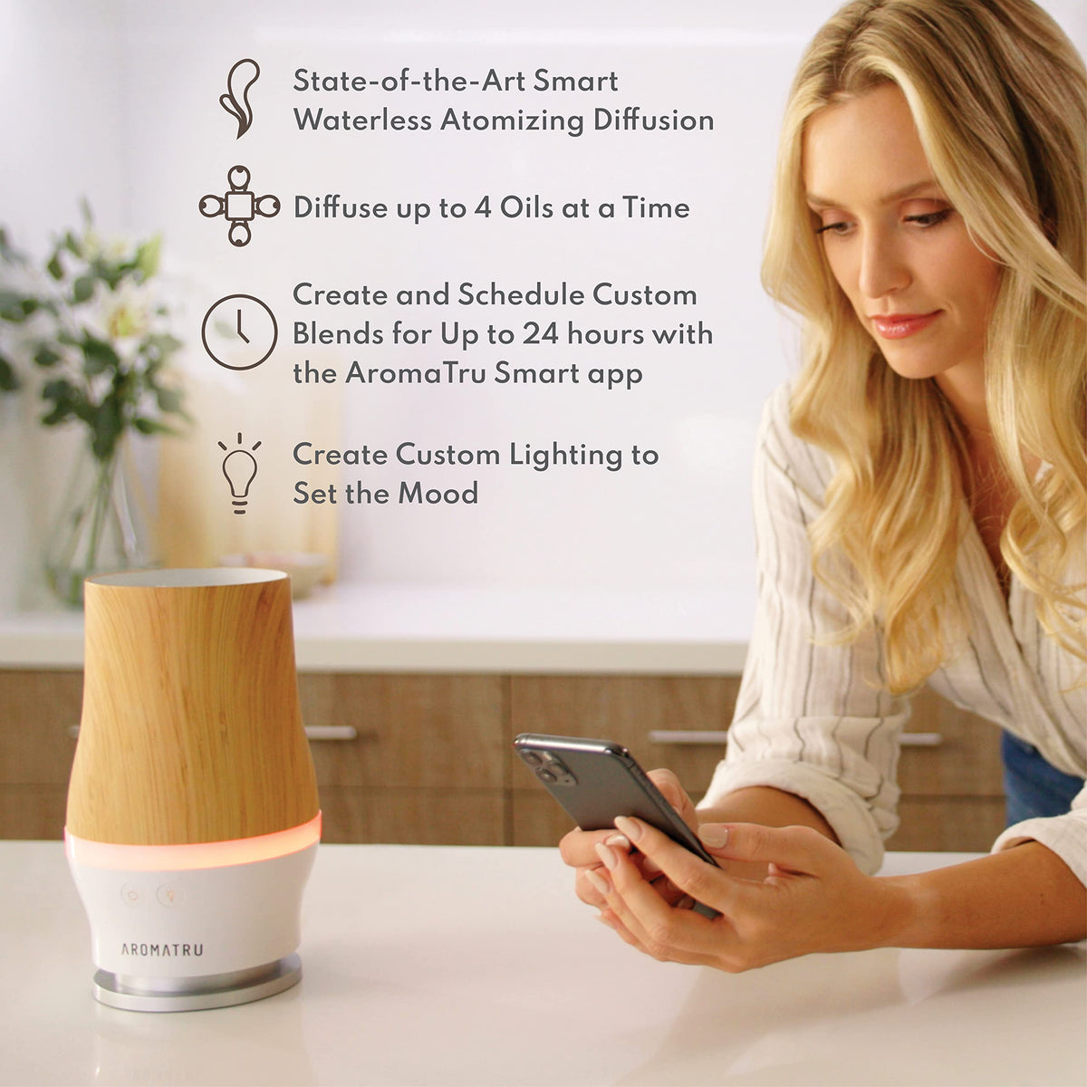 AromaTru Smart Aromatherapy Waterless Oil Diffuser with WiFi Capability and App – Combine and Diffuse up to 4 Bottles of Essential Oils Simultaneously – No Water, No Mess